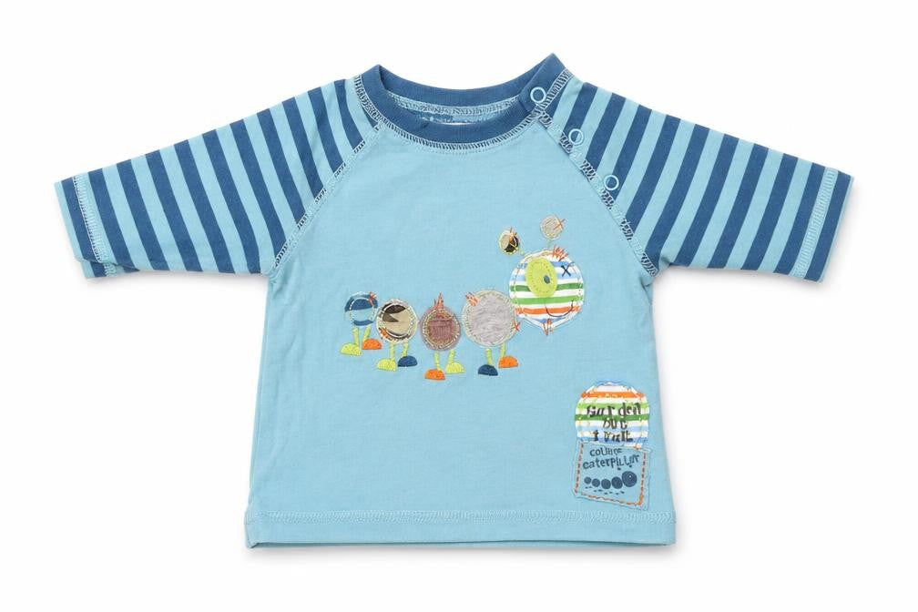 Front view of Cherokee Baby Blue Striped Jersey T-Shirt, size 0-3, Months - Garden bug trail