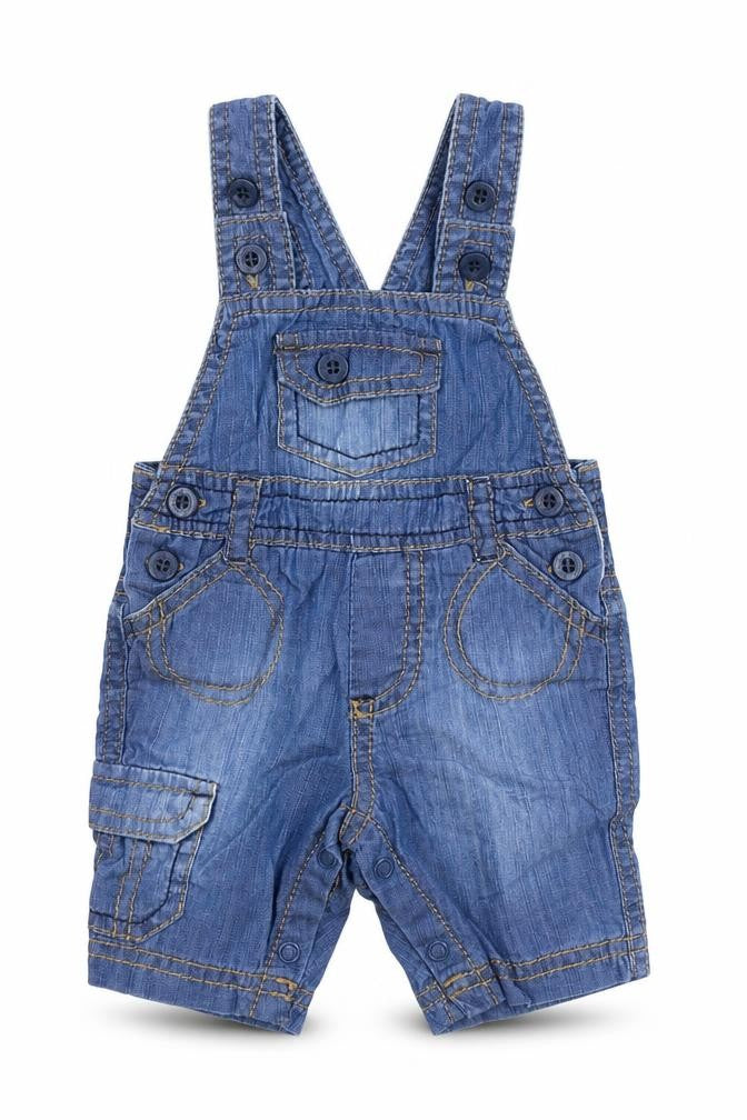 Front view of Baby Boutique Baby Blue Dungaree One-Piece, size 0-3, Months