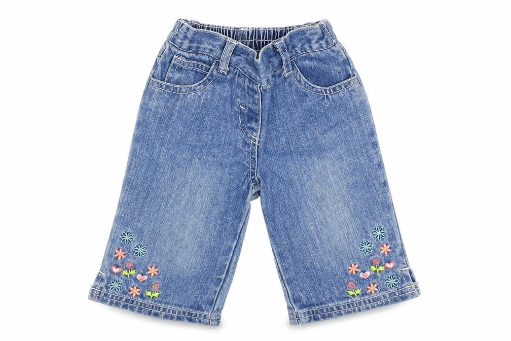 Front view of Tiny Ted Baby Blue Floral Jogger Jeans, size 3-6, Months