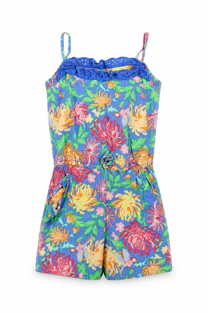 Front view of E-vie girls’ blue floral playsuit one-piece, size 2, years