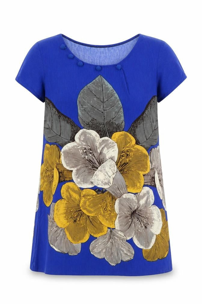 Front view of Angel Eye women’s blue floral basic blouse, size M, - longline