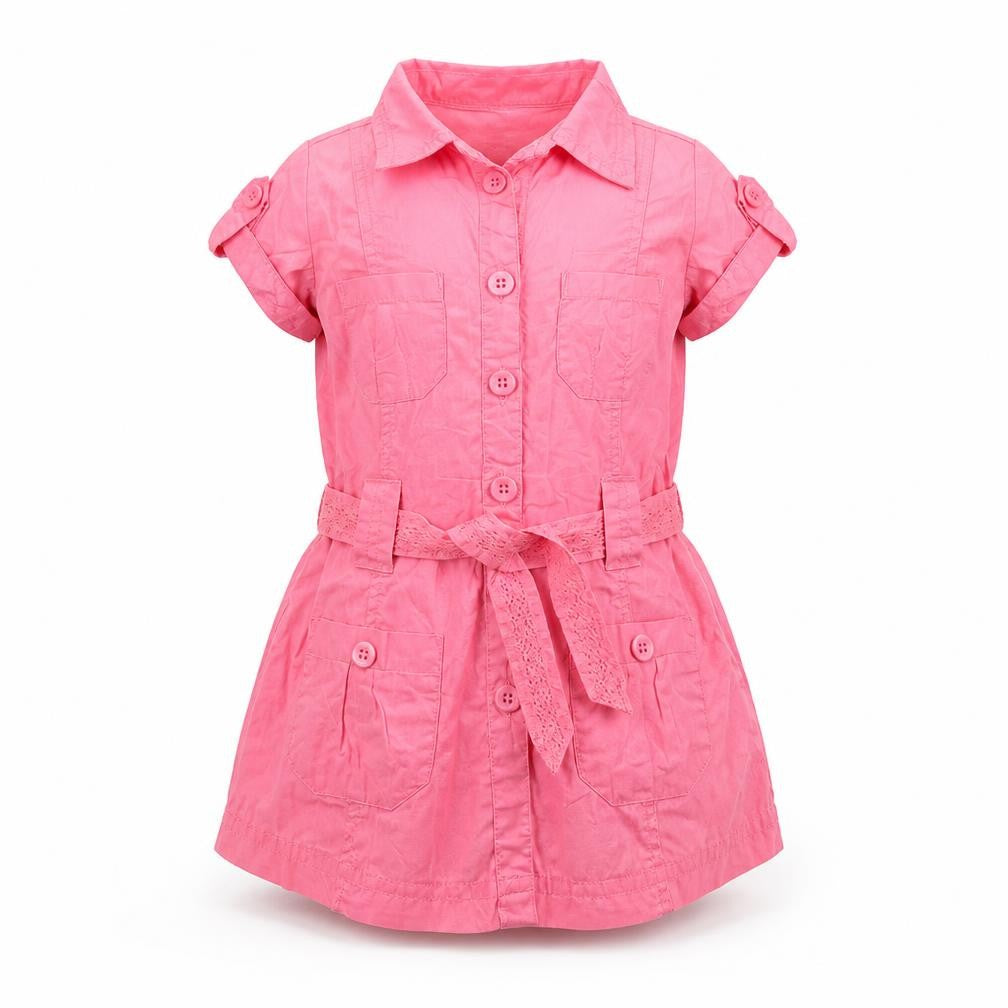 Front view of Early Days girls’ pink pinafore/dungaree dress, size 6-9, months