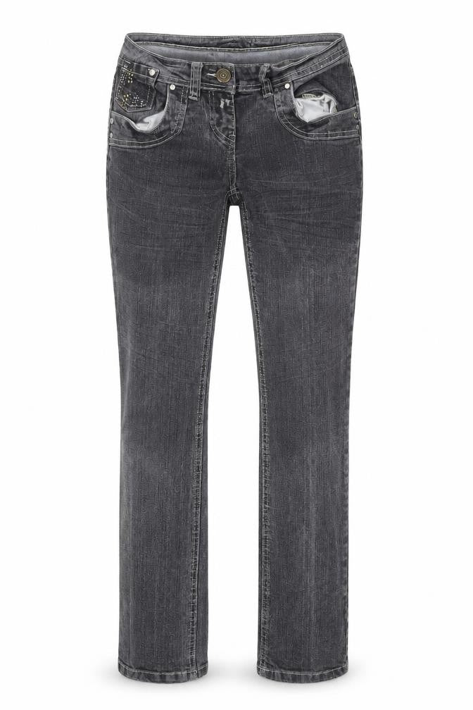 Front view of chickster women’s grey tapered jeans, size UK 8, 29-inch leg