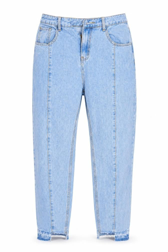 Front view of In the Style women’s blue denim straight jeans, size UK 10, 27-inch leg