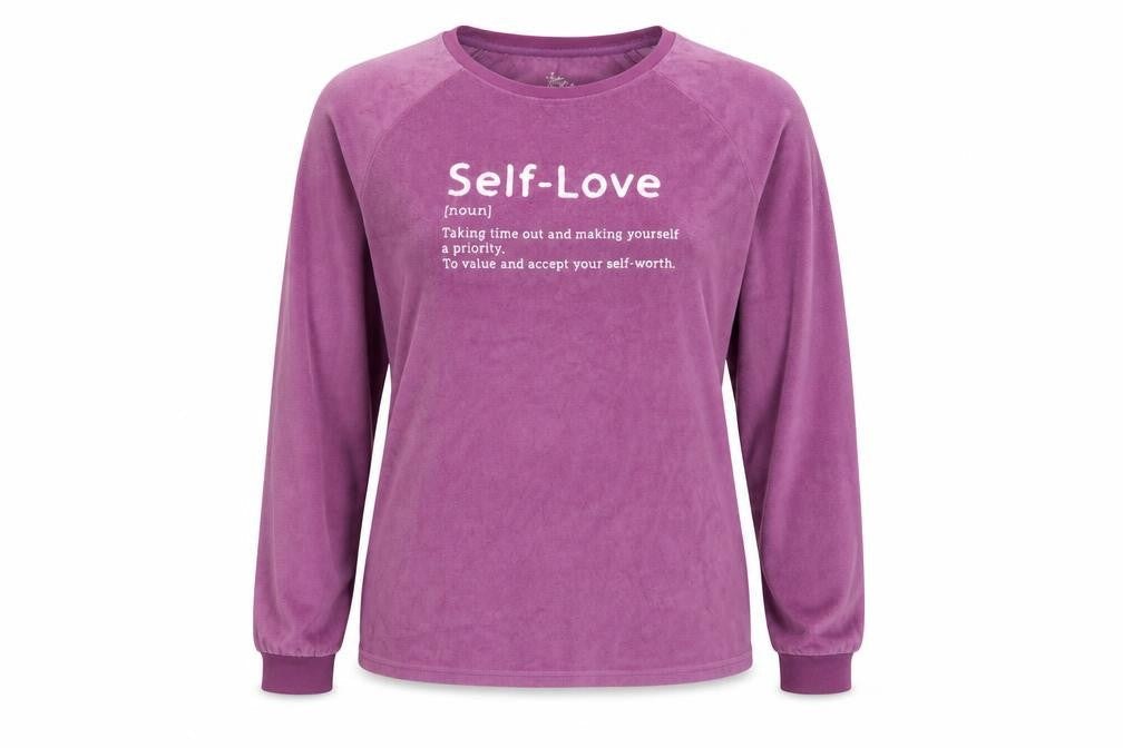 Front view of Love To Lounge women’s purple pullover sweatshirt, size UK 14