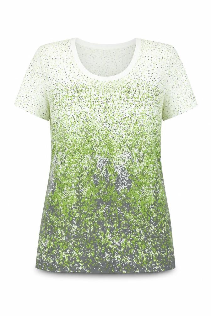 Front view of Alexara women’s green floral basic t-shirt, size UK 10