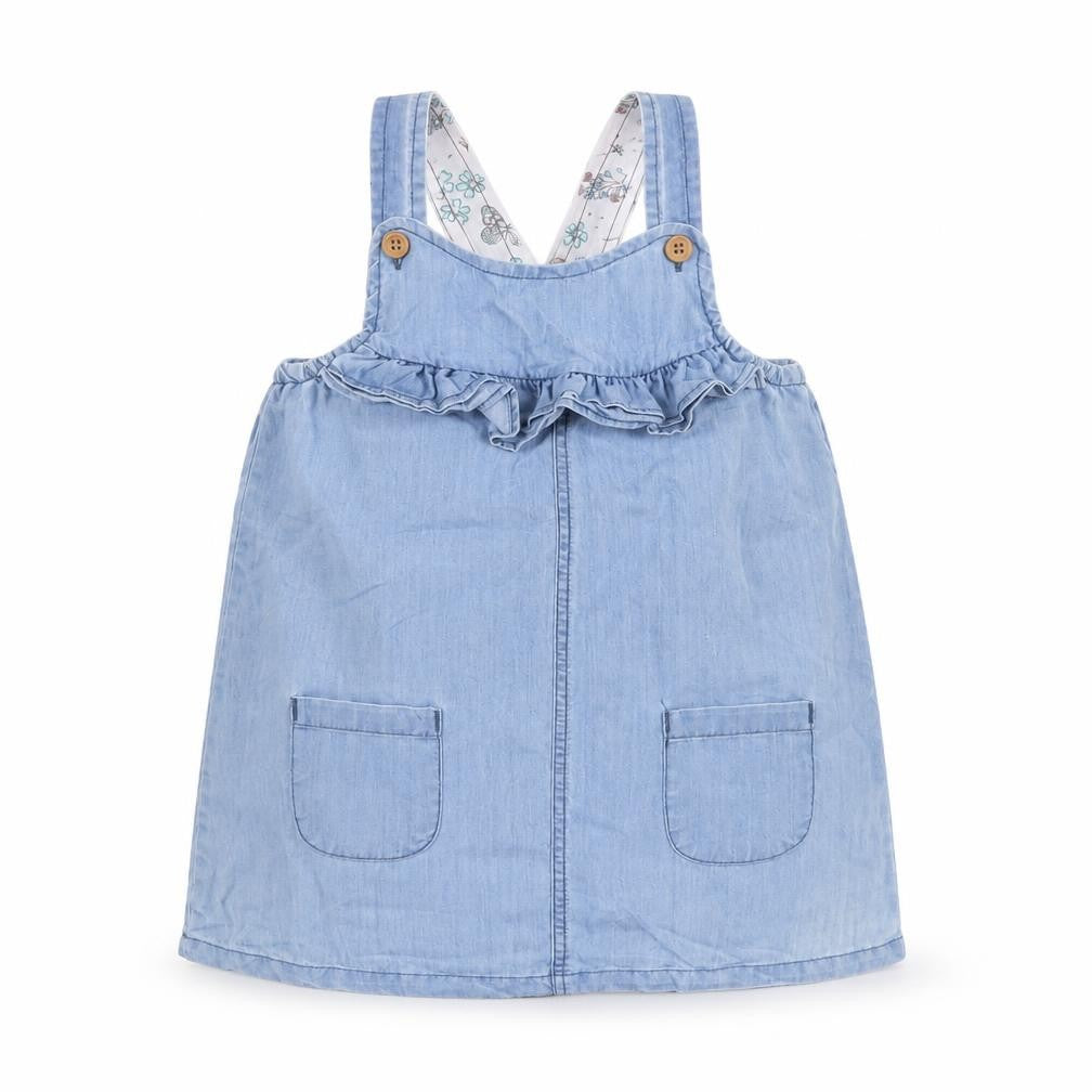 Front view of Matalan girls’ blue pinafore/dungaree dress, size 9-12, months