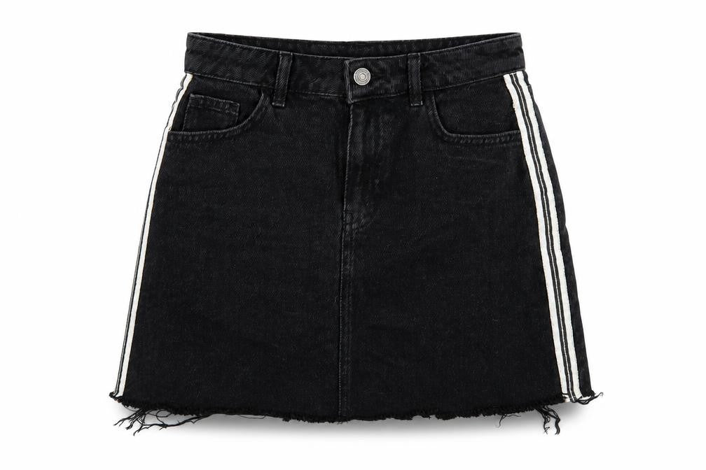 Front view of denim and co women’s black denim mini skirt, size UK 8