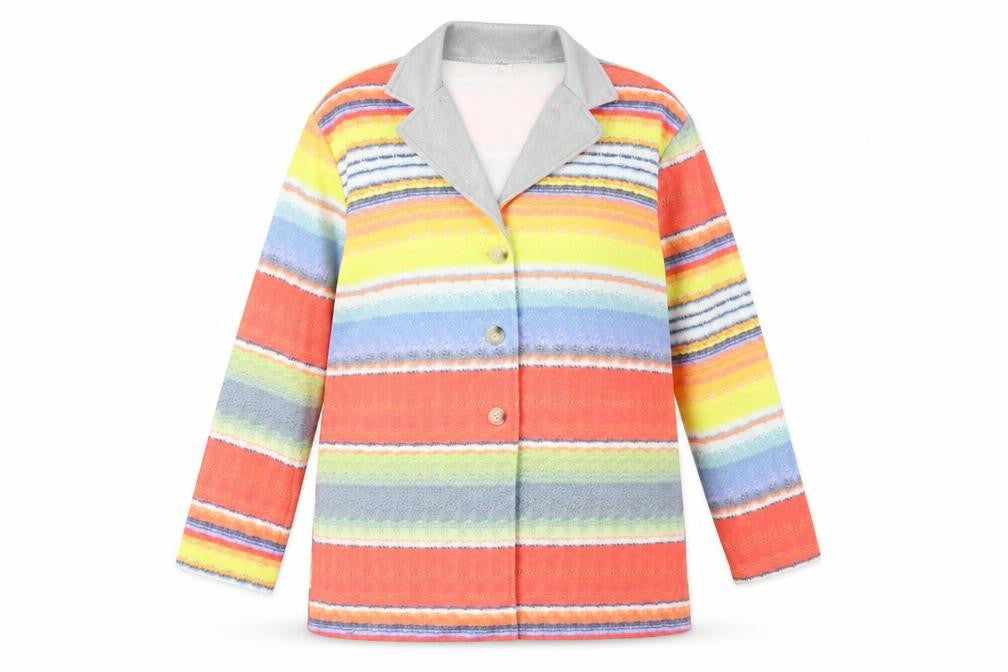 Front view of j.c fashion women’s red striped jacket coat, size 4XL