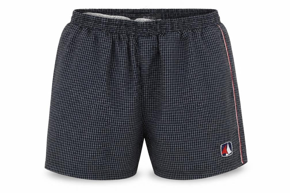 Front view of OCV men’s grey check bermuda shorts, size L