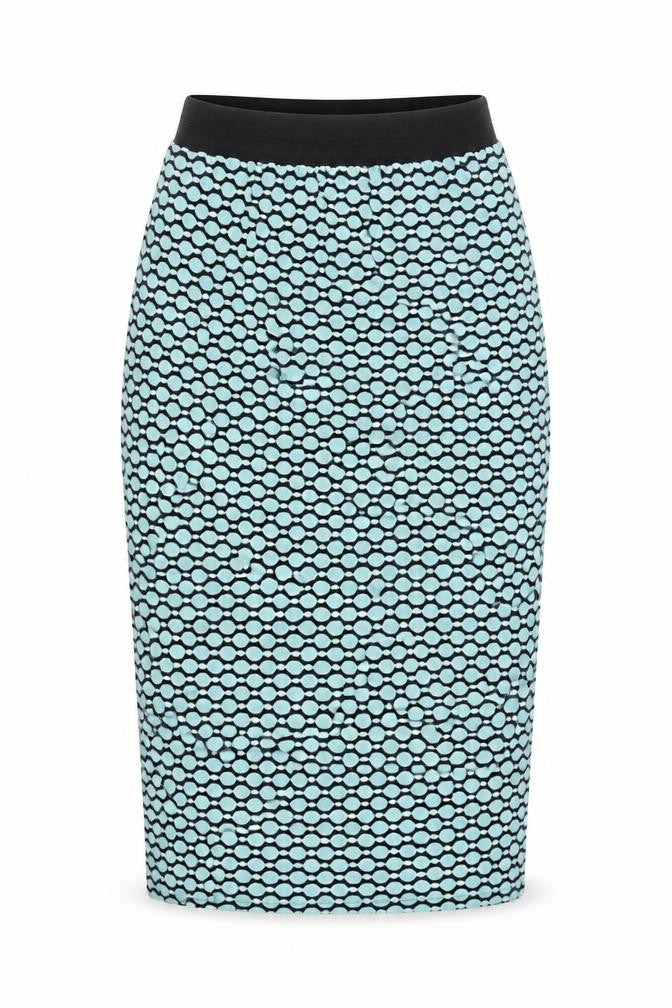 Front view of New Look women’s blue polka dot bandage skirt, size UK 8