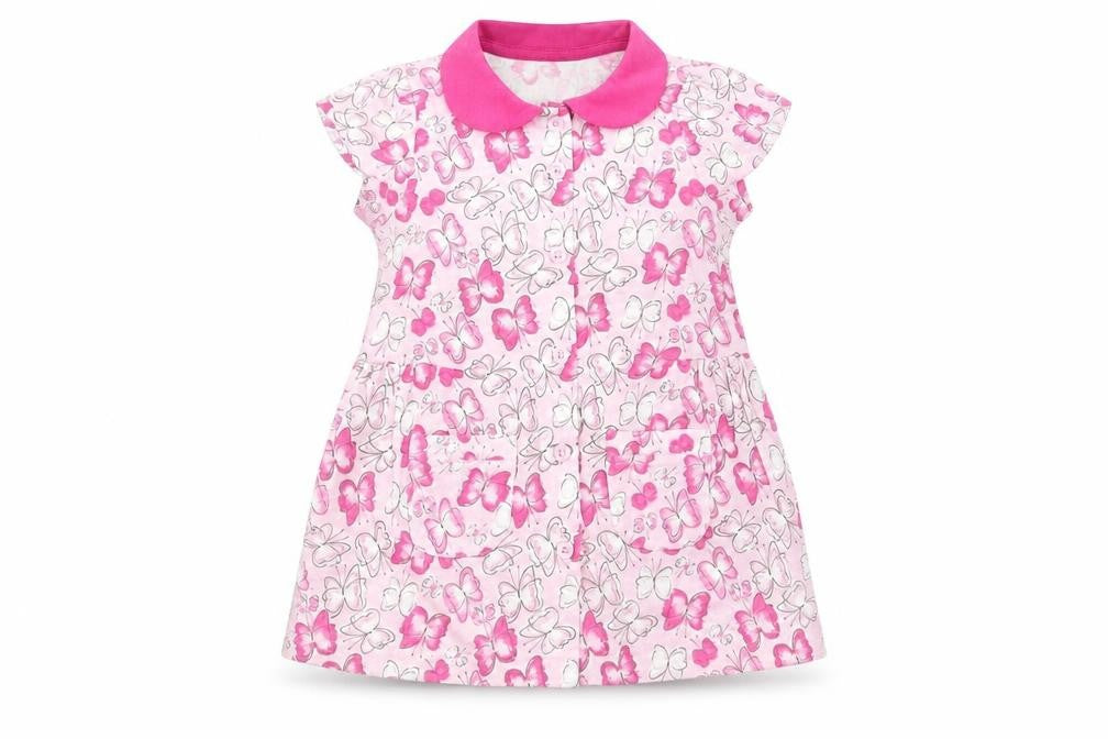 Front view of Matalan girls’ pink t-shirt dress, size 9-12, months - butterflies