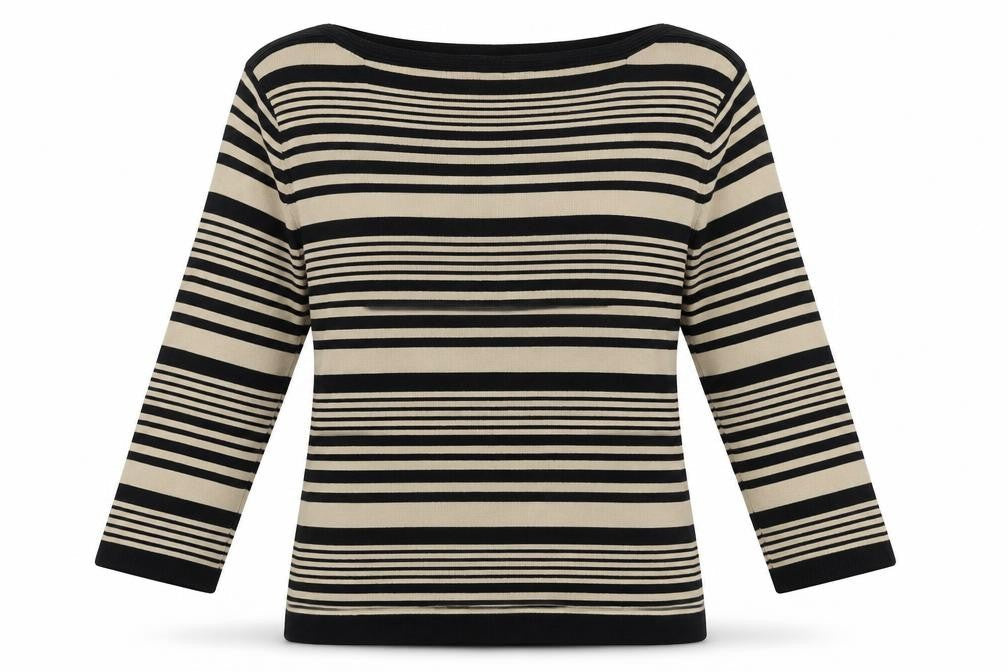 Front view of Bonmarché women’s beige striped jumper, size M