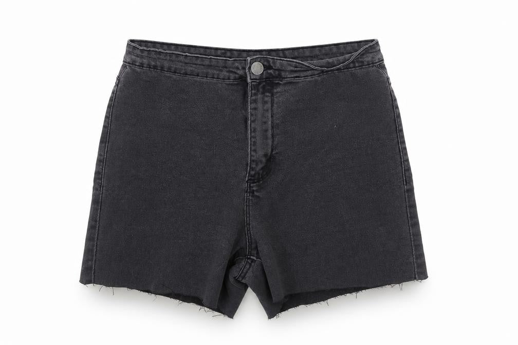 Front view of Denim & Co. women’s grey hot pants shorts, size UK 12