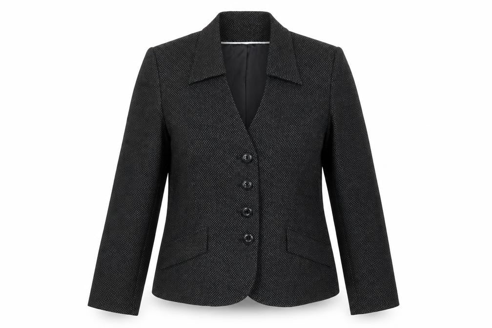 Front view of Klass women’s grey rayon jacket suit jacket, size UK 14
