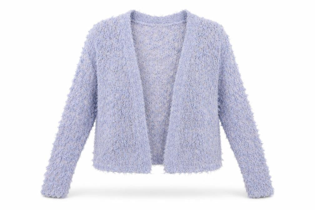 Front view of Love Knitwear women’s blue knit cape jumper, size UK 14