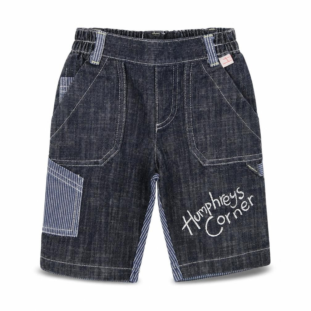 Front view of Mothercare boys’ blue denim capri jeans, size 0-3, months