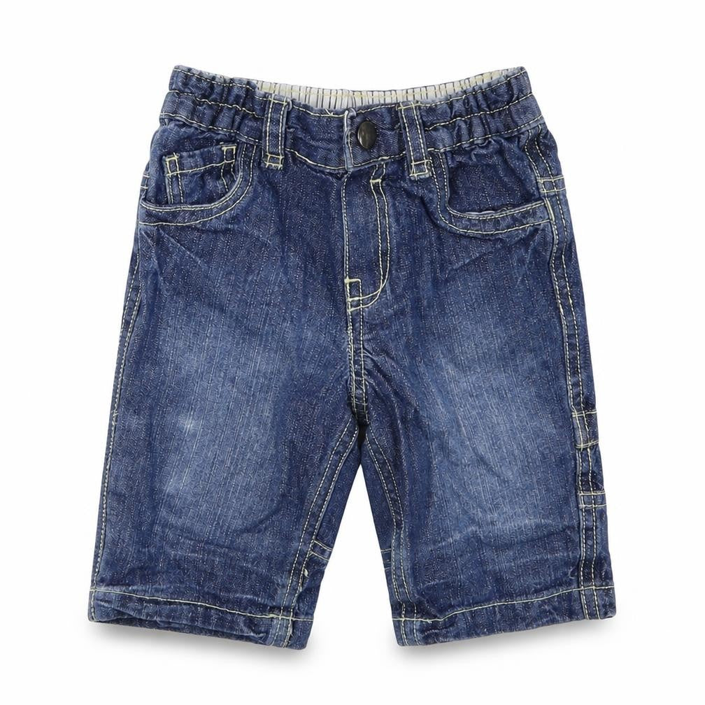 Front view of Cherokee boys’ blue denim capri jeans, size 0-3, months