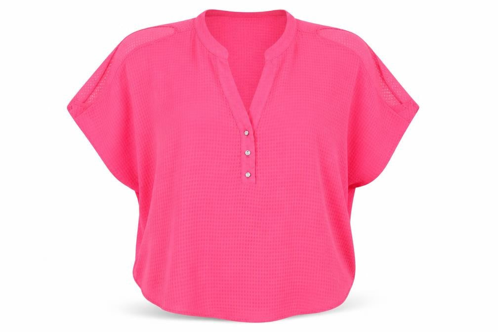 Front view of Marina Kaneva women’s pink basic blouse, size UK 12, - cold shoulder