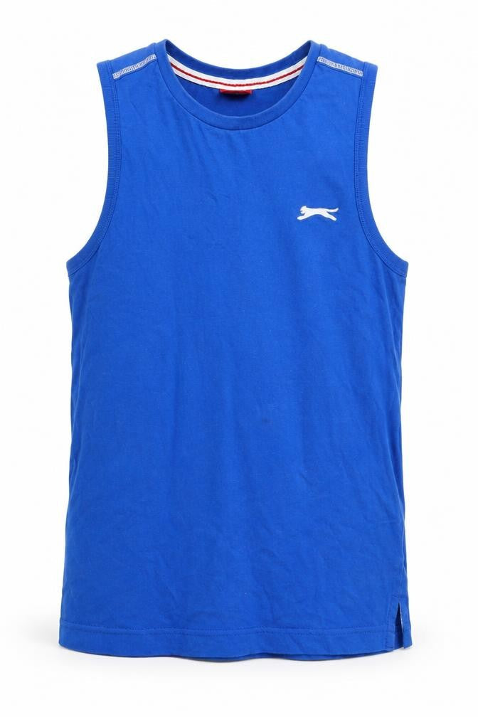 Front view of Slazenger boys’ blue basic tank, size 7-8, years