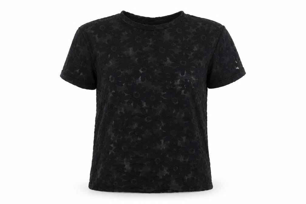 Front view of Topshop women’s black floral mesh basic t-shirt, size S