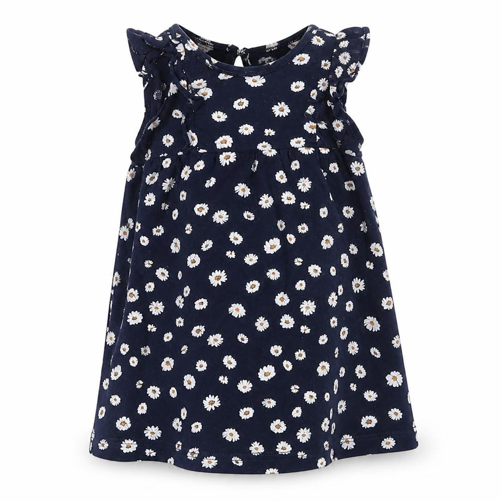 Front view of H&M girls’ blue floral jersey t-shirt dress, size 6-9, months