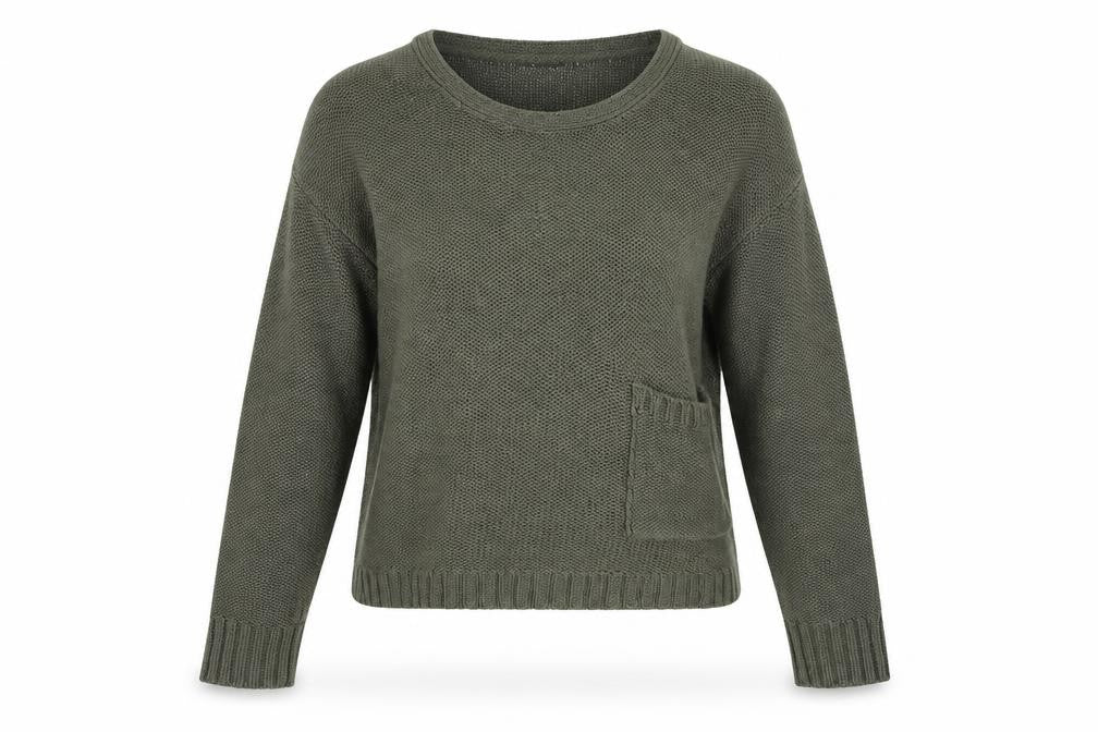 Front view of Internationale women’s green jumper, size UK 14