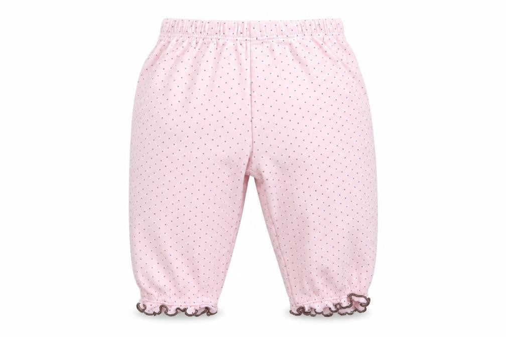 Front view of Puddles n Bubbles girls’ pink spotted sweatpants, size 6-9, months