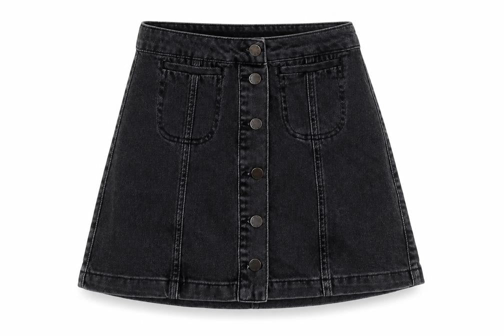 Front view of Topshop women’s black a-line skirt, size UK 25, in