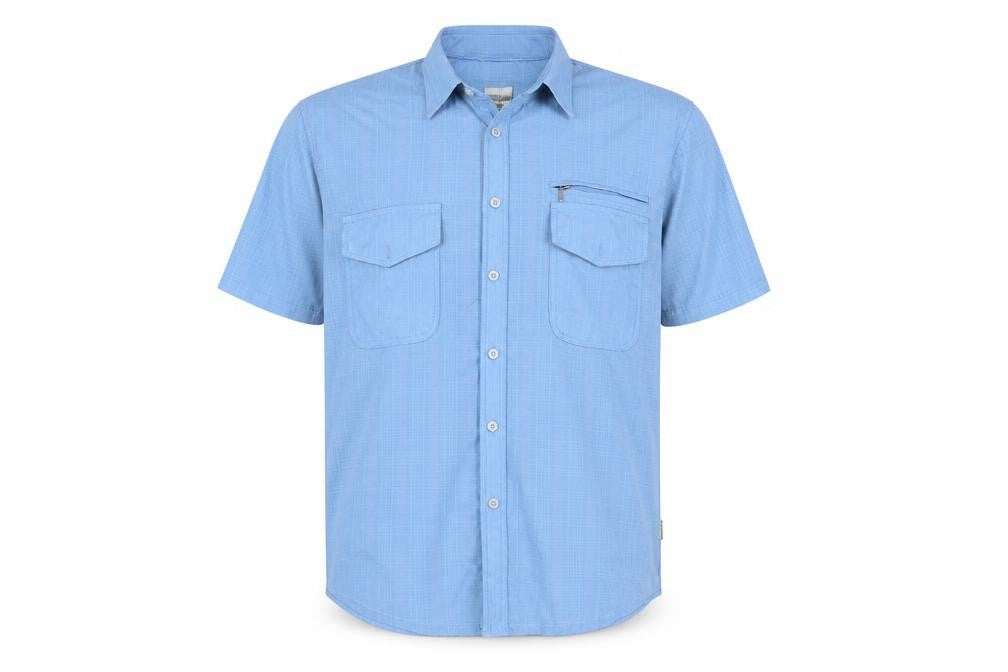 Front view of sun cai men’s blue button-up, size L