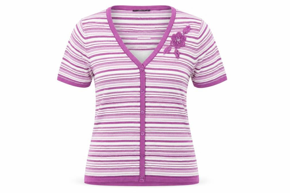 Front view of Bonmarché women’s purple striped knit cardigan jumper, size M