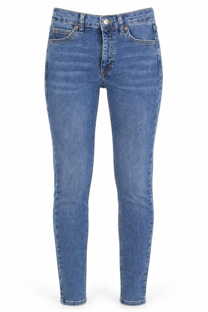 Front view of Topshop women’s black skinny jeans, size UK 25, 28-inch leg