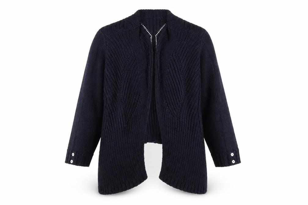 Front view of Per Una women’s blue corduroy cardigan jumper, size UK 12, - v