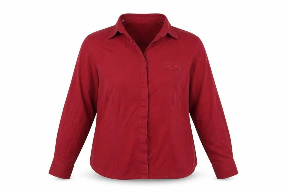 Front view of wensun women’s red basic button-up, size UK 16