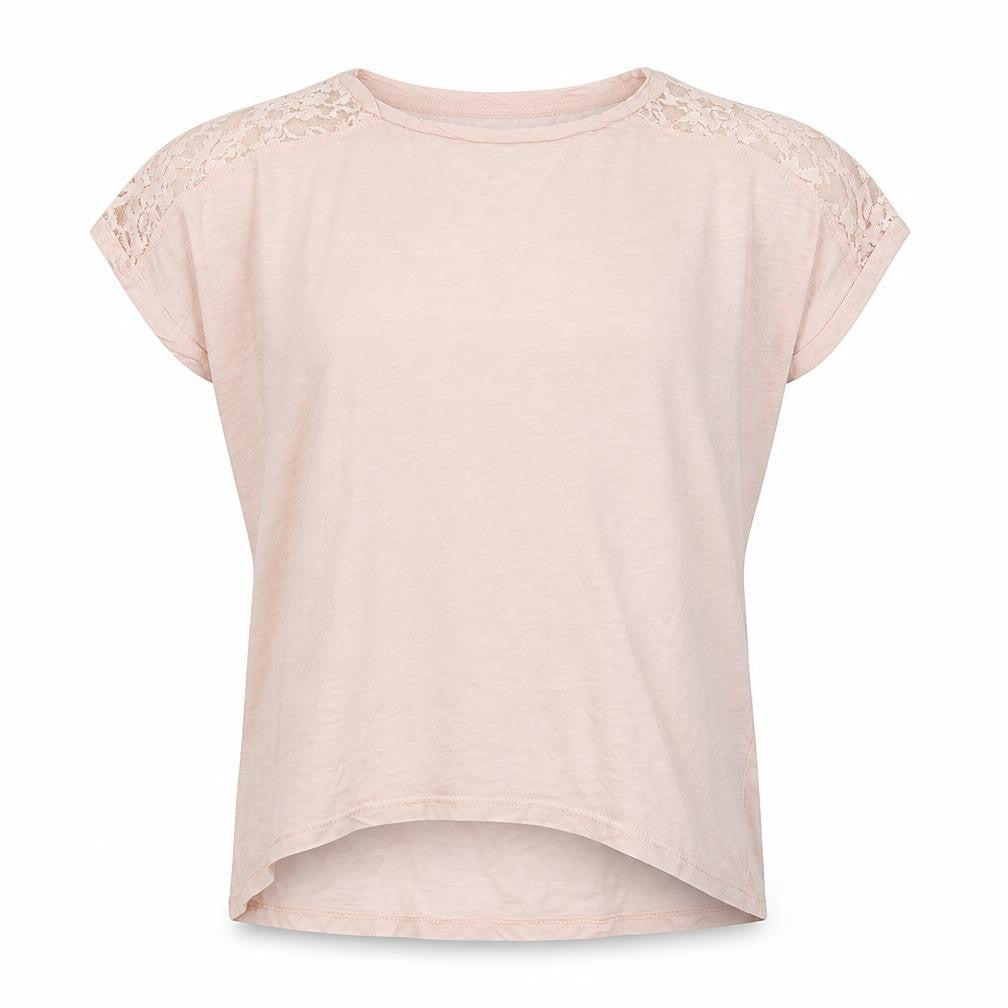 Front view of LOGG girls’ ivory basic polo, size 11-12, years - lace trim on top