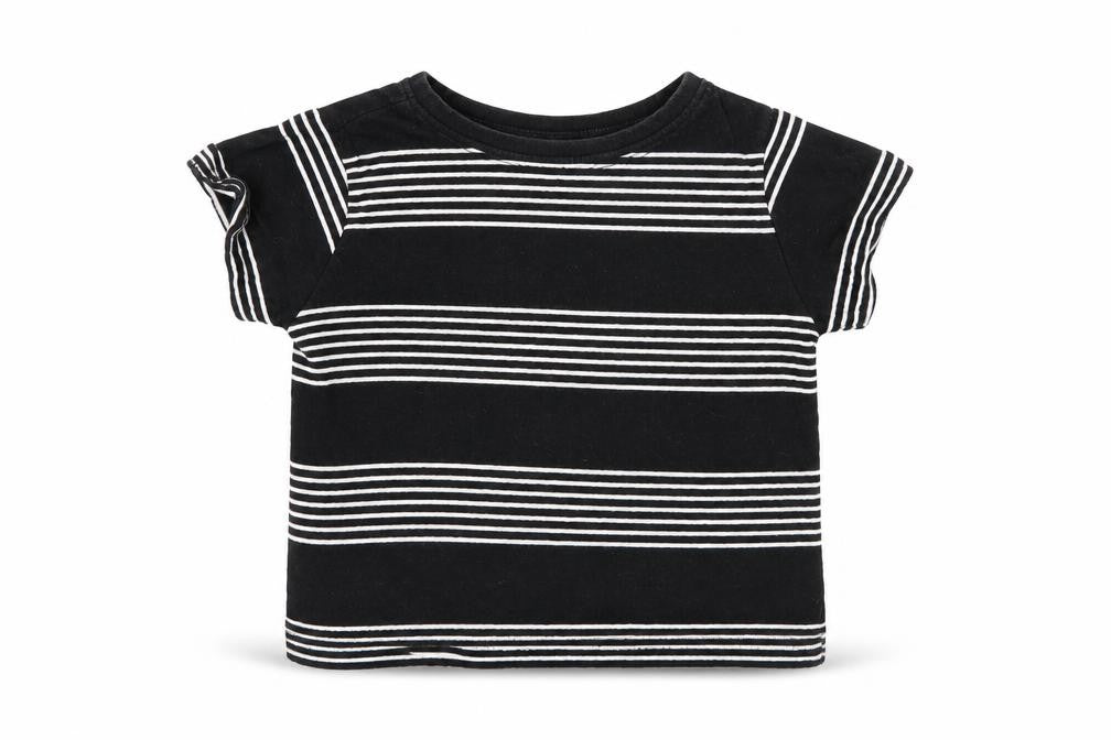 Front view of Rebel boys’ black striped basic t-shirt, size 18-24, months