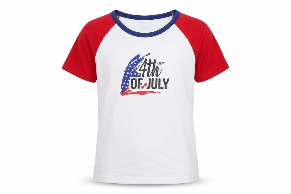 Front view of PatPat girls’ red basic t-shirt, size 8-9, years - 4th of july