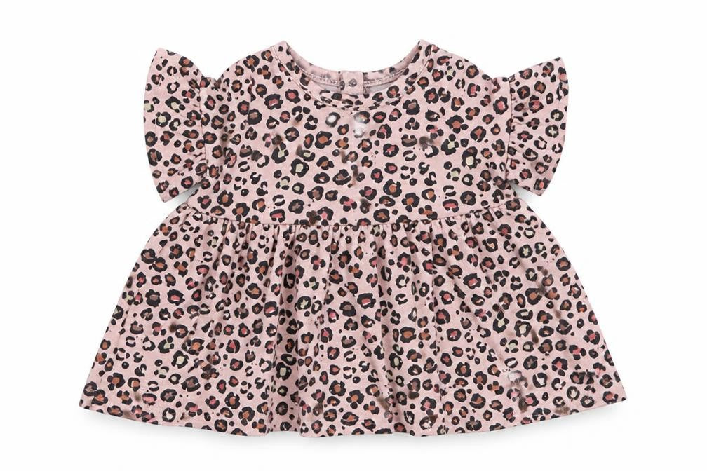 Front view of Next girls’ pink animal print t-shirt dress, size 0-3, months