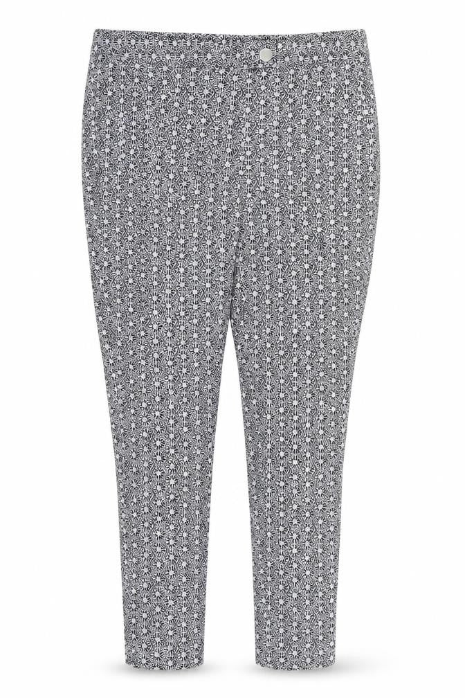 Front view of Dorothy Perkins women’s blue geometric trousers, size UK 10, 26-inch leg