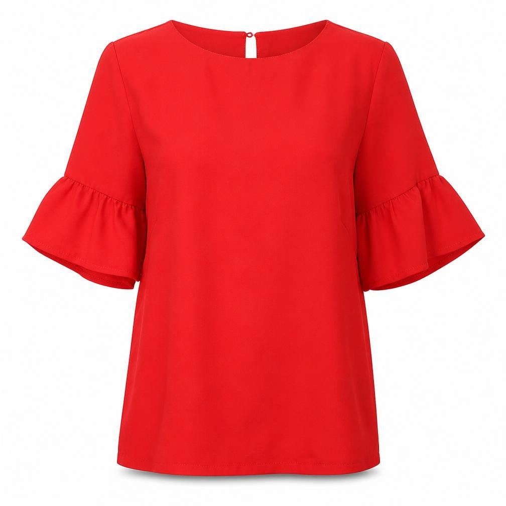 Front view of New Look women’s red tunic blouse, size UK 8