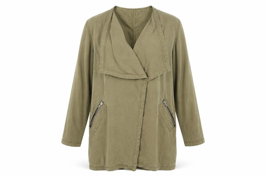 Front view of River Isalnd women’s green overcoat coat, size UK 10