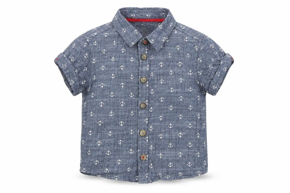 Front view of Mini Rebel Baby Blue Basic Button-Up, size 9-12, Months - anchors