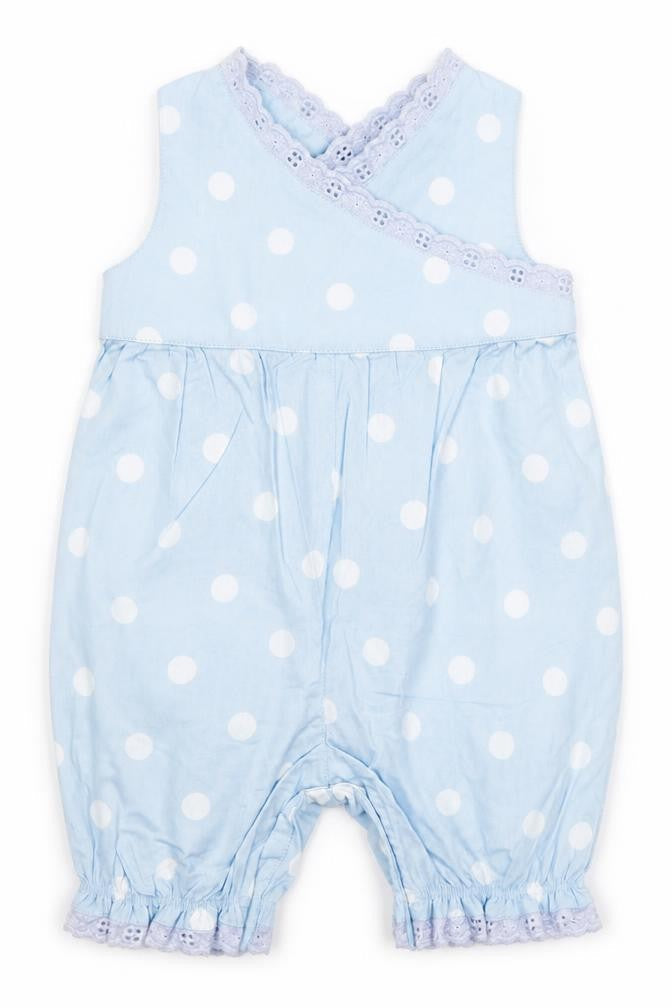 Front view of Tiny Ted Baby Blue Polka Dot Dungaree One-Piece, size 0-3, Months