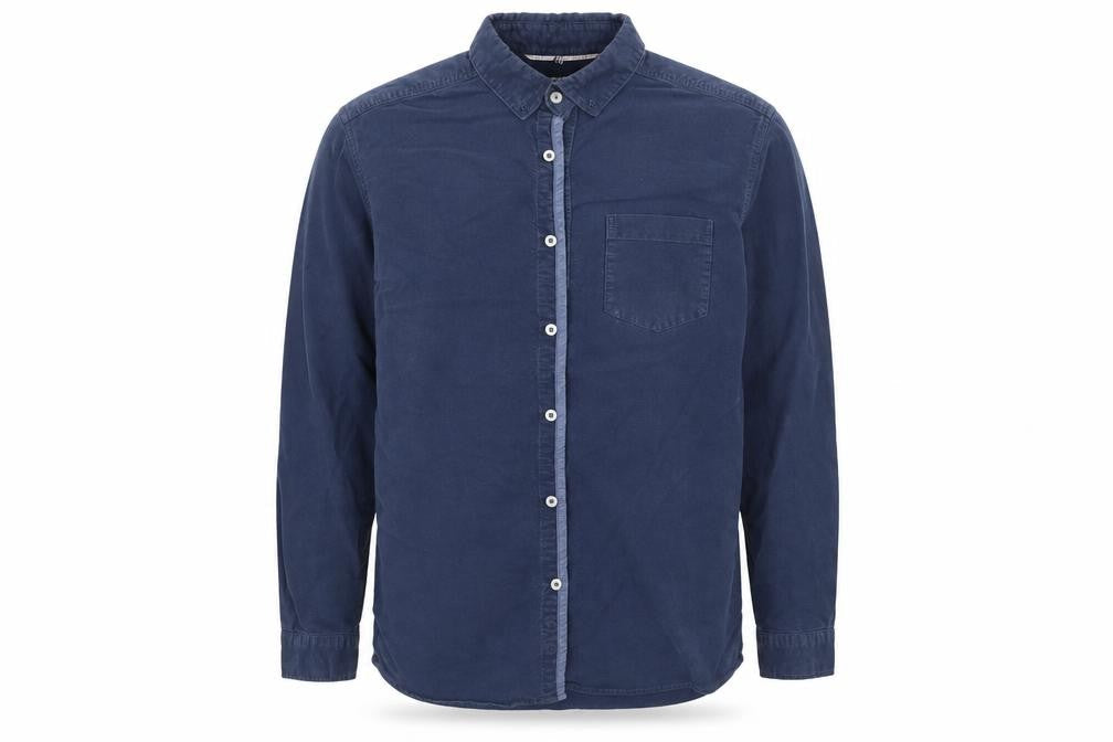 Front view of BOSTON CREW men’s blue button-up, size M
