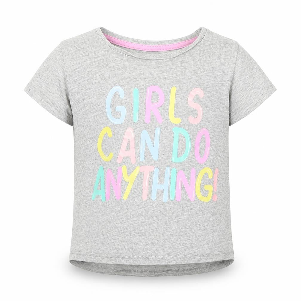 Front view of Matalan girls’ grey animal print basic t-shirt, size 3-6, months