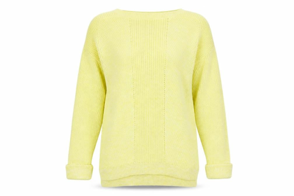 Front view of Marks & Spencer women’s yellow knit jumper, size UK 8