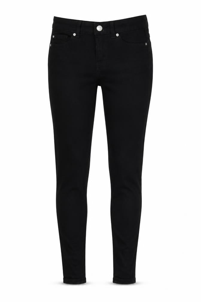 Front view of Denim & Co. women’s black denim skinny jeans, size UK 6, 27-inch leg