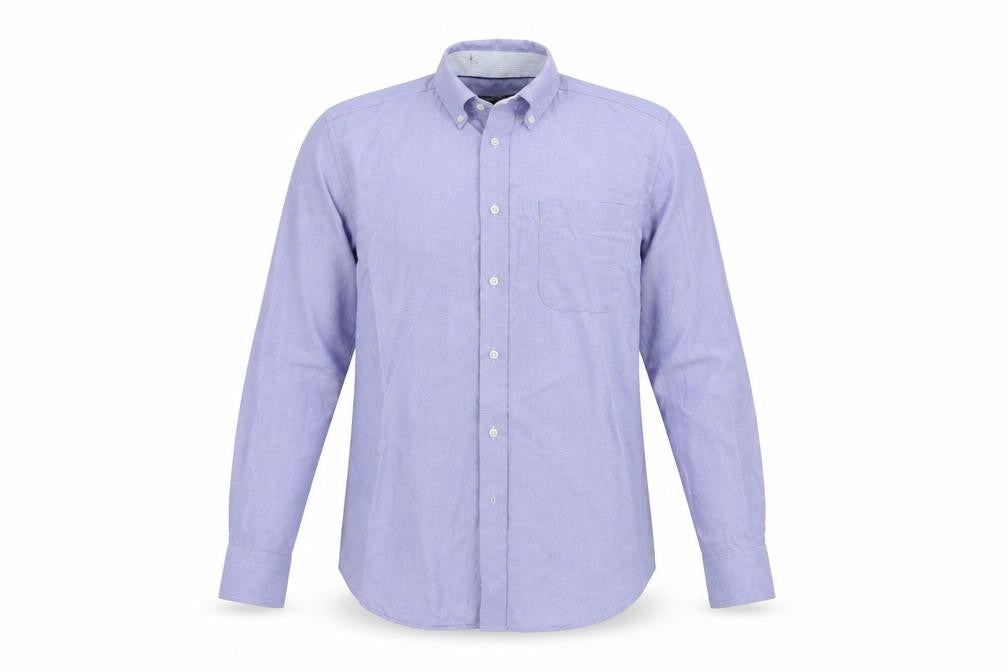 Front view of Marks & Spencer men’s blue colourblock button-up, size 38
