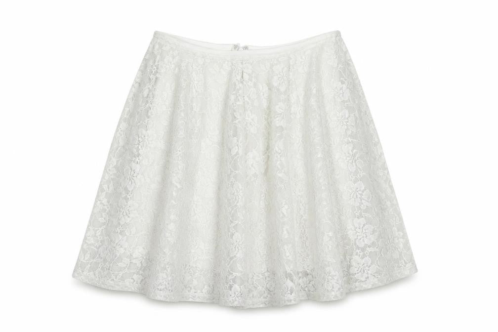 Front view of Miss Selfridge women’s grey lace skater skirt, size UK 10
