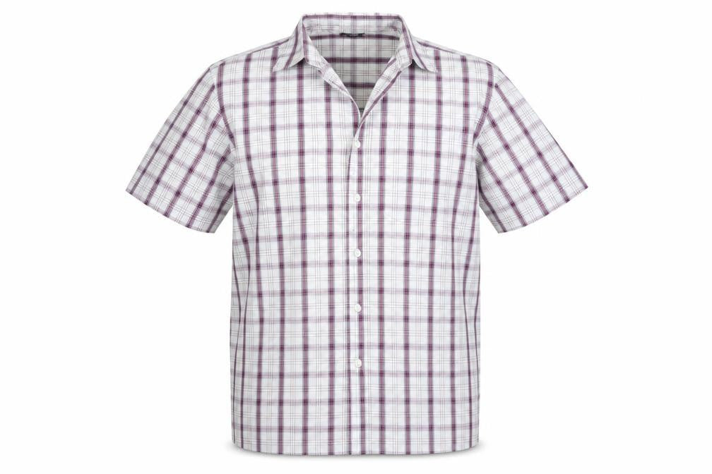 Front view of Academy men’s white check button-up, size M